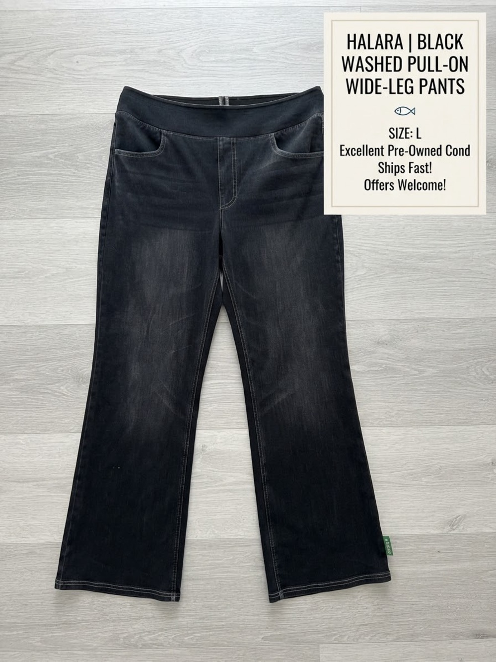 HALARA Black Washed Pull-On Wide-Leg Jeans Size Large